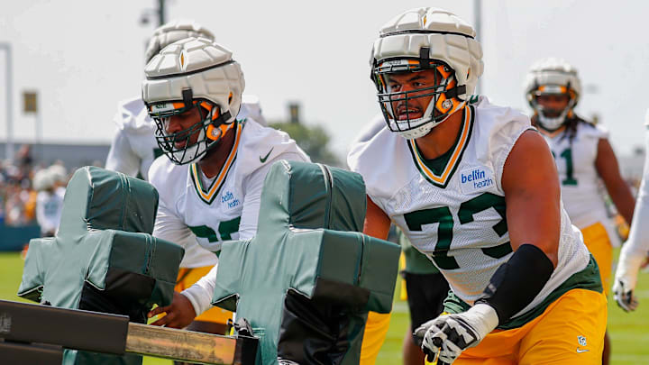 Green Bay Packers offensive linemen Jacob Monk (62) and Andre Dillard (73) run through a drill on Friday, July 26, 2024, at Ray Nitschke Field in Ashwaubenon, Wis.
Tork Mason/USA TODAY NETWORK-Wisconsin