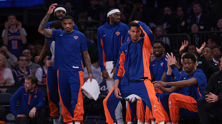 Apr 12, 2024; New York, New York, USA; The New York Knicks bench reacts after a basket during the second half against the Brooklyn Nets at Madison Square Garden. Mandatory Credit: Vincent Carchietta-Imagn Images