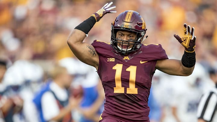 Aug 31, 2017; Minneapolis, MN, USA; Minnesota Golden Gophers defensive back Antoine Winfield Jr. (11) celebrates after making a tackle for loss in the first quarter against the Buffalo Bulls at TCF Bank Stadium. Mandatory Credit: Jesse Johnson-Imagn Images Aug 31, 2017; Minneapolis, MN, USA; Minnesota Golden Gophers defensive back Antoine Winfield Jr. (11) celebrates after making a tackle for loss in the first quarter against the Buffalo Bulls at TCF Bank Stadium. Mandatory Credit: Jesse Johnson-Imagn Images