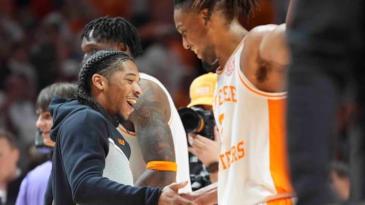 Tennessee's Zakai Zeigler (5) celebrates with Tennessee's Chaz Lanier (2) during an NCAA college basketball game between Tennessee and Florida in Knoxville, Tenn., Saturday, Feb. 1, 2025. Tennessee defeated Florida. Tennessee's Zakai Zeigler (5) celebrates with Tennessee's Chaz Lanier (2) during an NCAA college basketball game between Tennessee and Florida in Knoxville, Tenn., Saturday, Feb. 1, 2025. Tennessee defeated Florida.