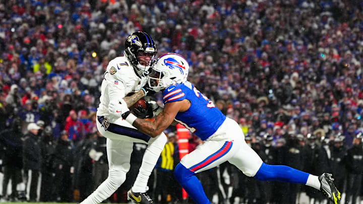 Baltimore Ravens wide receiver Rashod Bateman makes a catch against Buffalo Bills cornerback Rasul Douglas. Baltimore Ravens wide receiver Rashod Bateman makes a catch against Buffalo Bills cornerback Rasul Douglas.