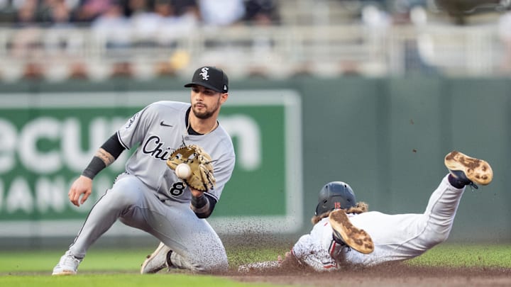 The throw to Chicago White Sox shortstop Jacob Amaya (8) is late as Minnesota Twins second base Luke Keaschall (15) slides safe into second base in the third inning at Target Field on April 23. The throw to Chicago White Sox shortstop Jacob Amaya (8) is late as Minnesota Twins second base Luke Keaschall (15) slides safe into second base in the third inning at Target Field on April 23.
