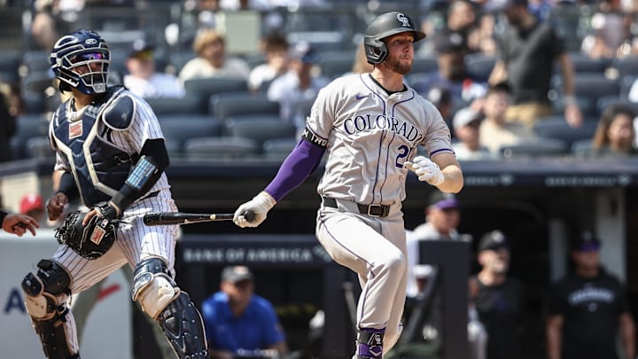 Bronx, New York, USA; Colorado Rockies third baseman Ryan McMahon (24) hits an RBI double in the fifth inning against the New York Yankees at Yankee Stadium. Mandatory Credit: Wendell Cruz-Imagn Images Bronx, New York, USA; Colorado Rockies third baseman Ryan McMahon (24) hits an RBI double in the fifth inning against the New York Yankees at Yankee Stadium. Mandatory Credit: Wendell Cruz-Imagn Images