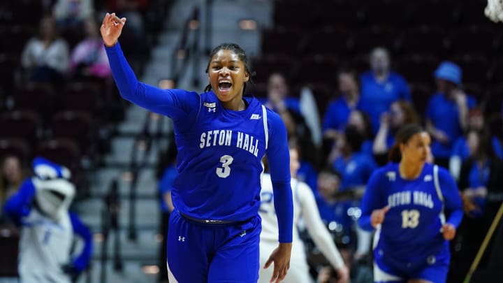 Mar 9, 2024; Uncasville, CT, USA; Seton Hall Pirates guard Micah Gray (3) reacts after her three Mar 9, 2024; Uncasville, CT, USA; Seton Hall Pirates guard Micah Gray (3) reacts after her three