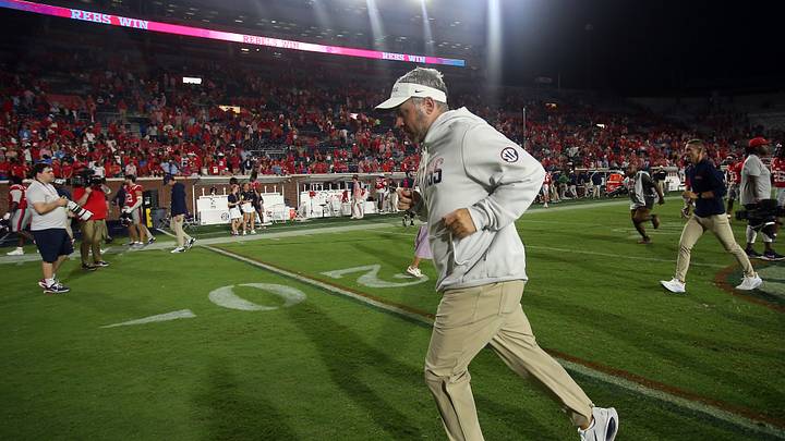 Sep 12, 2026; Oxford, Mississippi, USA; Mississippi Rebels Head Coach Pete Golding runs off the field after defeating the Charlotte 49ers at Vaught-Hemingway Stadium. Mandatory Credit: Petre Thomas-Imagn Images Sep 12, 2026; Oxford, Mississippi, USA; Mississippi Rebels Head Coach Pete Golding runs off the field after defeating the Charlotte 49ers at Vaught-Hemingway Stadium. Mandatory Credit: Petre Thomas-Imagn Images
