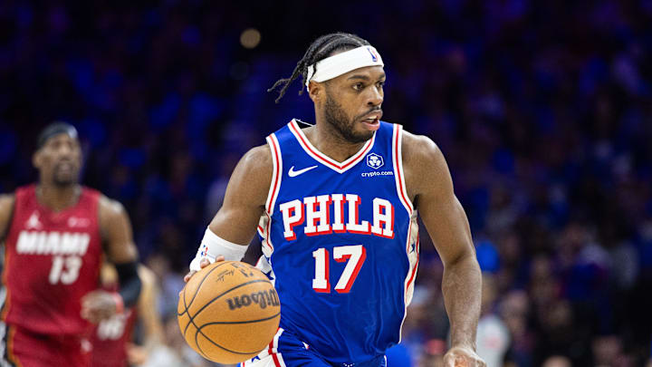 Apr 17, 2024; Philadelphia, Pennsylvania, USA; Philadelphia 76ers guard Buddy Hield (17) dribbles