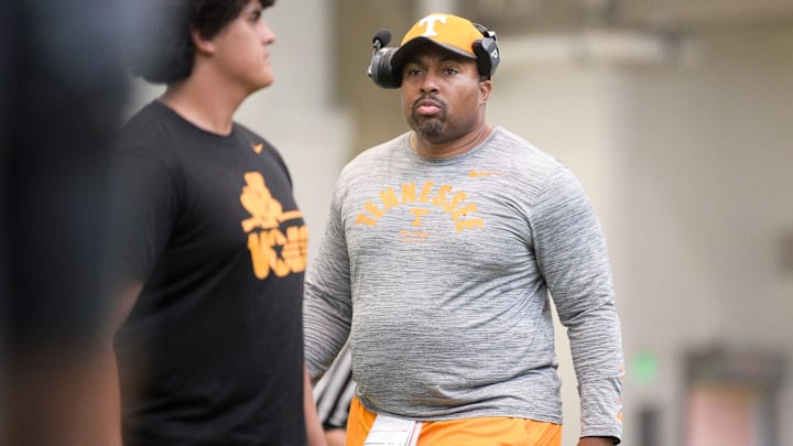 Tennessee running backs coach Jerry Mack during the first day of Tennessee football practice at Anderson Training Facility in Knoxville, Tenn. on Monday, Aug. 1, 2022.

Kns Tennessee Football Practice