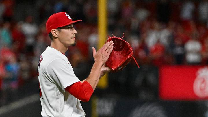 Jun 16, 2026; St. Louis, Missouri, USA; St. Louis Cardinals pitcher Riley O'Brien (61) celebrates after the Cardinals defeated the San Diego Padres at Busch Stadium. Mandatory Credit: Jeff Curry-Imagn Images