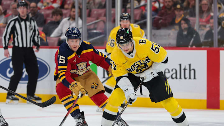 Feb 4, 2026; Sunrise, Florida, USA; ]Boston Bruins center Matthew Poitras (51) moves the puck against Florida Panthers center Anton Lundell (15) during the first period at Amerant Bank Arena. Mandatory Credit: Sam Navarro-Imagn Images