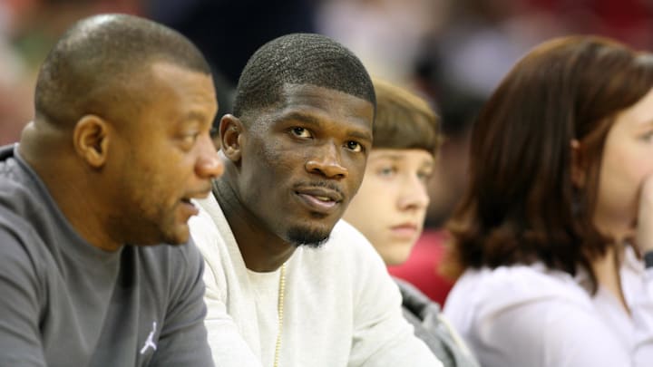 Nov 12, 2012; Houston, TX, USA; Houston Texans wide receiver Andre Johnson watches a game between the Houston Rockets and Miami Heat in the fourth quarter at the Toyota Center. The Heat defeated the Rockets 113-110. Mandatory Credit: Brett Davis-Imagn Images Nov 12, 2012; Houston, TX, USA; Houston Texans wide receiver Andre Johnson watches a game between the Houston Rockets and Miami Heat in the fourth quarter at the Toyota Center. The Heat defeated the Rockets 113-110. Mandatory Credit: Brett Davis-Imagn Images