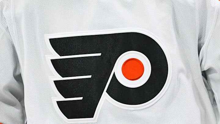 Mar 28, 2024; Montreal, Quebec, CAN; View of a Philadelphia Flyers logo on a jersey worn by a member of the team against the Montreal Canadiens during the second period at Bell Centre. Mandatory Credit: David Kirouac-Imagn Images
