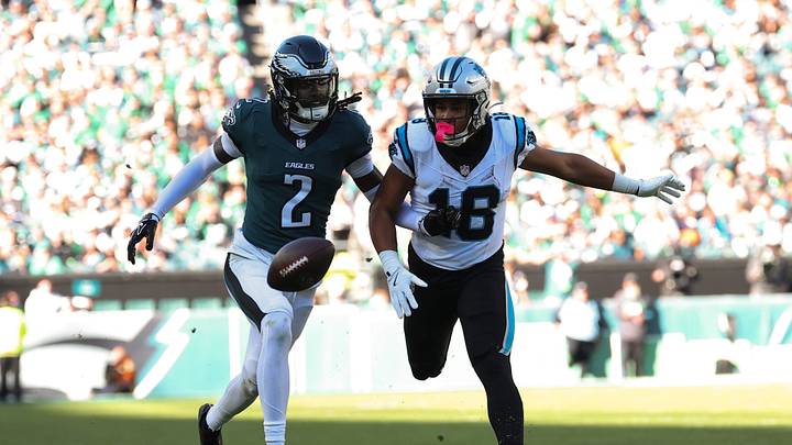 Oct 18, 2026; Philadelphia, Pennsylvania, USA; Philadelphia Eagles cornerback Riq Woolen (2) defends a pass attempt to Carolina Panthers wide receiver Jalen Coker (18) during the third quarter at Lincoln Financial Field. Mandatory Credit: Bill Streicher-Imagn Images