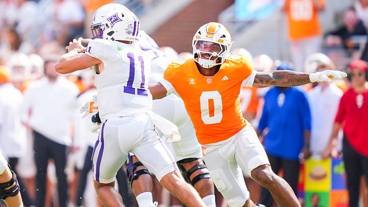 Tennessee linebacker Amare Campbell (0) pressures Furman quarterback Jake Garcia (11) during a college football game between Tennessee and Furman in Neyland Stadium in Knoxville, Tenn., on Sept. 5, 2026. Tennessee linebacker Amare Campbell (0) pressures Furman quarterback Jake Garcia (11) during a college football game between Tennessee and Furman in Neyland Stadium in Knoxville, Tenn., on Sept. 5, 2026.