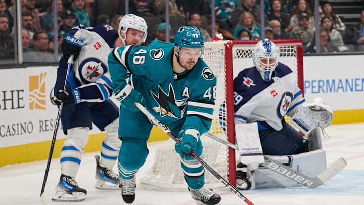 Dec 12, 2023; San Jose, California, USA; San Jose Sharks center Tomas Hertl (48) controls the puck