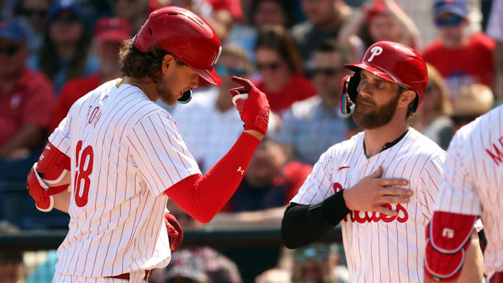 Feb 28, 2024; Clearwater, Florida, USA; Philadelphia Phillies infielder Alex Bohm (28) is