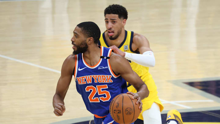 New York Knicks forward Mikal Bridges dribbles the ball defended by Indiana Pacers guard Tyrese Haliburton. Mandatory Credit: Trevor Ruszkowski-Imagn Images