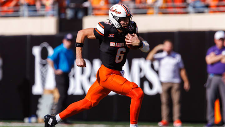 Nov 15, 2025; Stillwater, Oklahoma, USA; Oklahoma State Cowboys quarterback Zane Flores (6) runs the ball during the first half against the Kansas State Wildcats at Boone Pickens Stadium. Mandatory Credit: William Purnell-Imagn Images