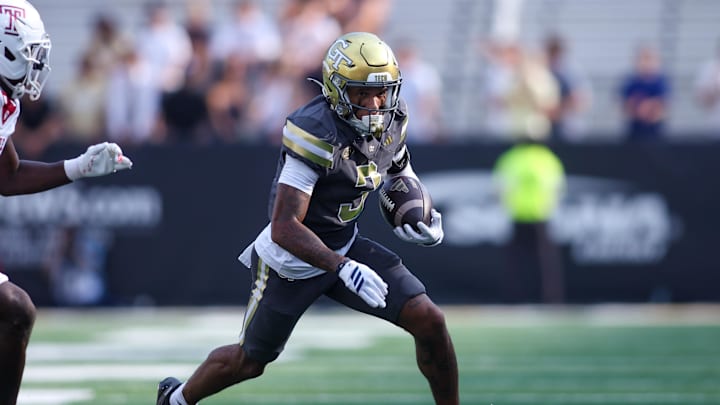 Sep 20, 2025; Atlanta, Georgia, USA; Georgia Tech Yellow Jackets wide receiver Eric Rivers (3) runs after a catch against the Temple Owls in the first quarter at Bobby Dodd Stadium at Hyundai Field. Mandatory Credit: Brett Davis-Imagn Images
