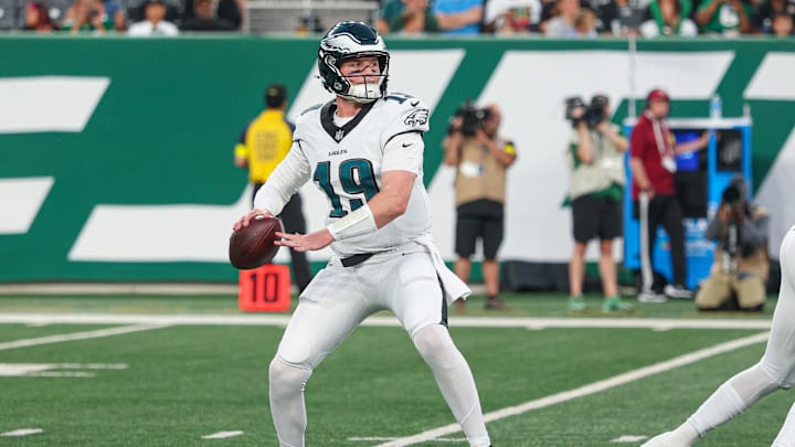 Aug 22, 2025; East Rutherford, New Jersey, USA; Philadelphia Eagles quarterback Kyle McCord (19) throws a pass during the first quarter against the New York Jets at MetLife Stadium. 