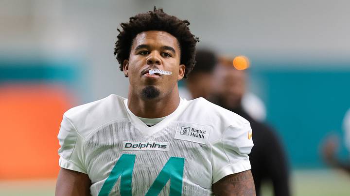  Miami Dolphins linebacker Chop Robinson (44) looks on during practice at the Baptist Health Training Complex. 