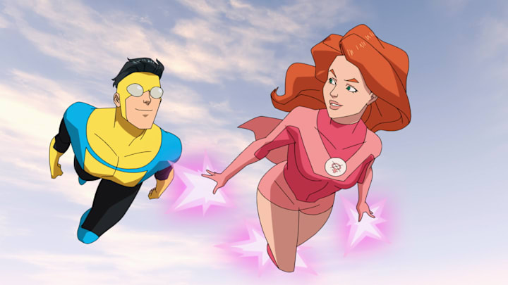 Invincible - Episode 102 - "Here Goes Nothing" -- Pictured (L-R): Steven Yeun (Mark Grayson), Gillian Jacobs (Atom Eve) -- Credit: Courtesy of Amazon Studios