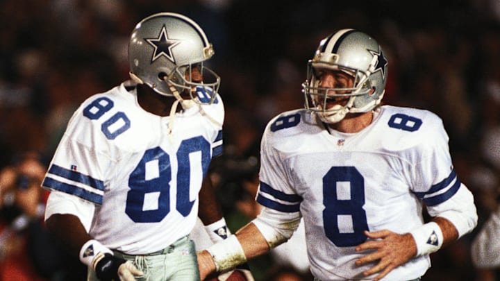 Dallas Cowboys WR Alvin Harper (80) and QB Troy Aikman (8) celebrate against the Buffalo Bills during Super Bowl 27