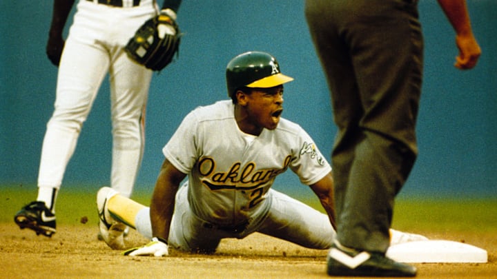 1990; Unknown location, USA; FILE PHOTO; Oakland Athletics left fielder Rickey Henderson in action during the 1990 season. Mandatory Credit: Tony Tomsic-USA TODAY NETWORK