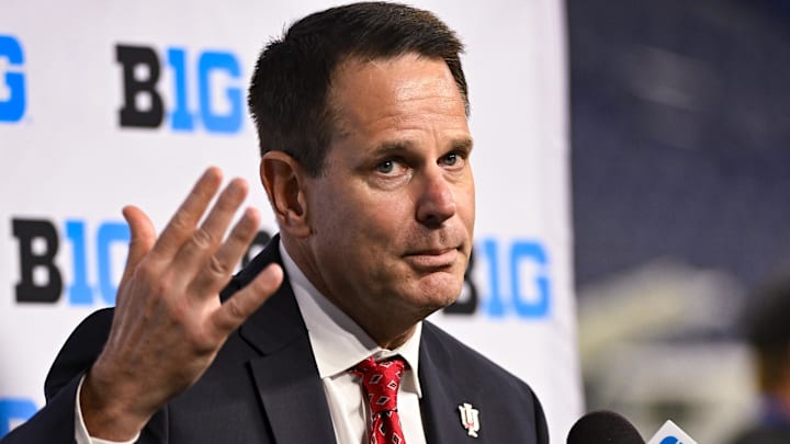 Jul 25, 2024; Indianapolis, IN, USA; Indiana Hoosiers head coach Curt Cignetti speaks to the media during the Big 10 football media day at Lucas Oil Stadium. Mandatory Credit: Robert Goddin-Imagn Images