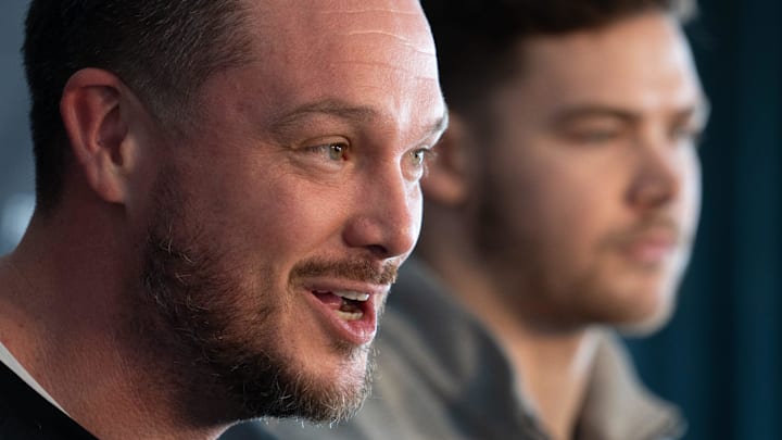 Oregon head coach Dan Lanning (left) speaks during a VRBO Fiesta Bowl news conference