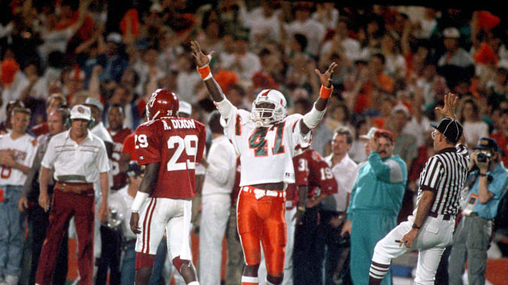 Jan 1, 1988; Miami, FL, USA; FILE PHOTO; Miami Hurricanes receiver Michael Irvin reacts against the Oklahoma Sooners during the 1988 Orange Bowl. Miami defeated Oklahoma 20-14 to win the national championship. Mandatory Credit: Photo By Imagn Images