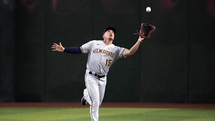 Sep 3, 2022; Phoenix, Arizona, USA; Milwaukee Brewers center fielder Tyrone Taylor (15) catches a