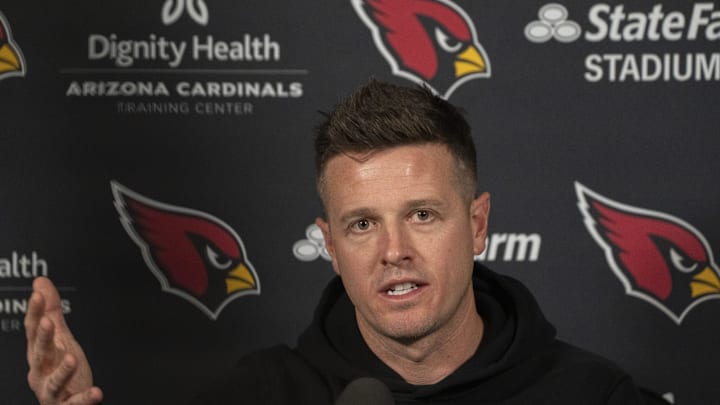 Mike LaFleur (head coach) answers questions during a news conference at the Arizona Cardinals training facility in Tempe on Feb. 18, 2026.