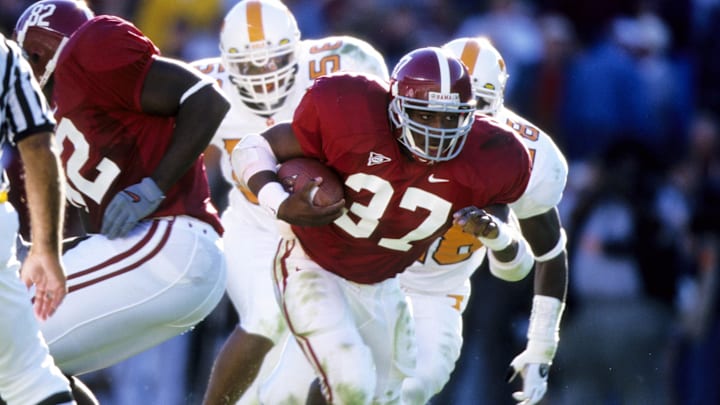 Oct 23, 1999; Tuscaloosa, AL, USA; FILE PHOTO; Alabama Roll Tide running back Shaun Alexander (37) in action running the ball against the Tennessee Volunteers at Bryant-Denny Stadium. Mandatory Credit: RVR Photos-USA TODAY Sports 