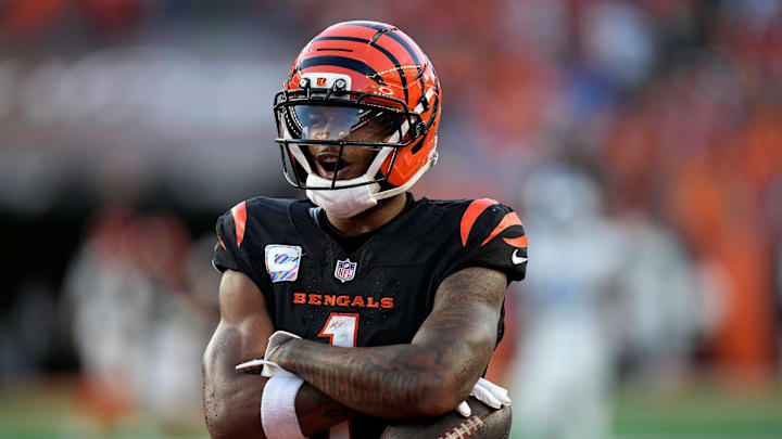 Cincinnati Bengals wide receiver Ja'Marr Chase (1) celebrates his 2nd touchdown in the 4th quarter over the Detroit Lions at Paycor Stadium on October 5, 2025. The Bengals lost 24-37.
