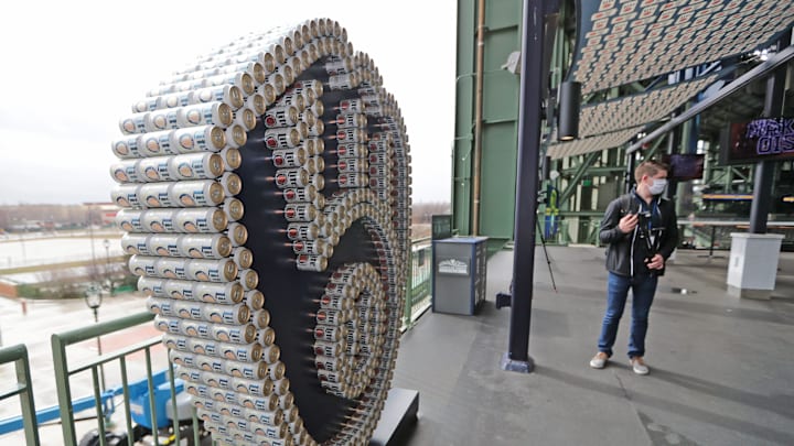 A Brewers glove logo, formed out of Miller Lite beer cans, is located in the Miller Lite