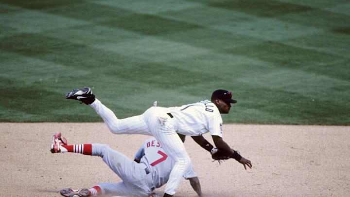 1997, Miami, FL, USA; FILE PHOTO; Florida Marlins second basemen Luis Castillo (1) in action against St. Louis Cardinals second basemen Delino DeShields (7) at Dolphin Stadium. Mandatory Credit: RVR Photos-Imagn Images