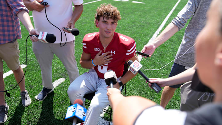 Former Wisconsin Badgers quarterback Graham Mertz talks to the media as part of Wisconsin Badgers football media day at the McClain Center in Madison on Tuesday, Aug. 2, 2022. Former Wisconsin Badgers quarterback Graham Mertz talks to the media as part of Wisconsin Badgers football media day at the McClain Center in Madison on Tuesday, Aug. 2, 2022.