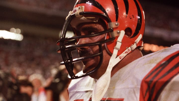 Jan 22, 1989; Miami, FL, USA; FILE PHOTO; Cincinnati Bengals guard Max Montoya (65) on the sideline against the San Francisco 49ers during Super Bowl XXIII at Joe Robbie Stadium. The 49ers defeated the Bengals 20-16. Mandatory Credit: RVR Photos-Imagn Images