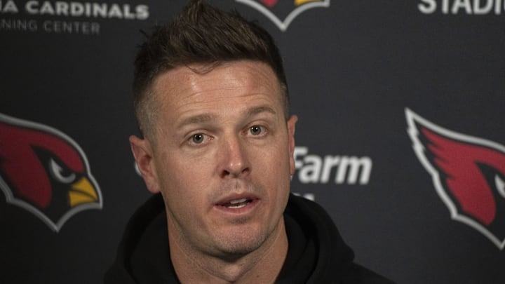 Mike LaFleur (head coach) answers questions during a news conference at the Arizona Cardinals training facility in Tempe on Feb. 18, 2026. Mike LaFleur (head coach) answers questions during a news conference at the Arizona Cardinals training facility in Tempe on Feb. 18, 2026.