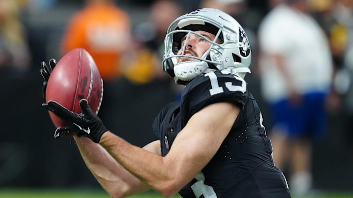 Sep 24, 2023; Paradise, Nevada, USA; Las Vegas Raiders wide receiver Hunter Renfrow (13) warms up before a game against the Pittsburgh Steelers at Allegiant Stadium. Mandatory Credit: Stephen R. Sylvanie-Imagn Images