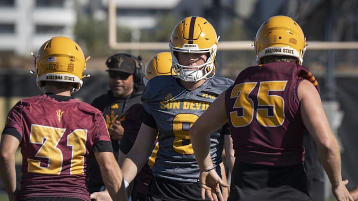 Cutter Boley (#8 QB) during ASU football practice at Kajikawa Practice fields in Tempe, Arizona, on March 19, 2026. Cutter Boley (#8 QB) during ASU football practice at Kajikawa Practice fields in Tempe, Arizona, on March 19, 2026.