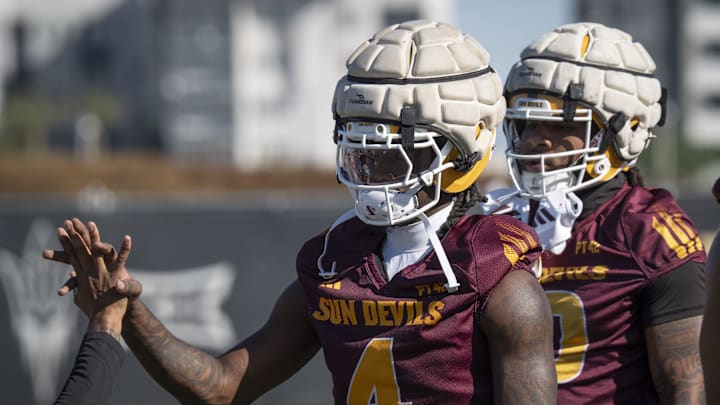 Omarion Miller (#4 WR) during ASU football practice at Kajikawa Practice fields in Tempe, Arizona, on March 19, 2026.