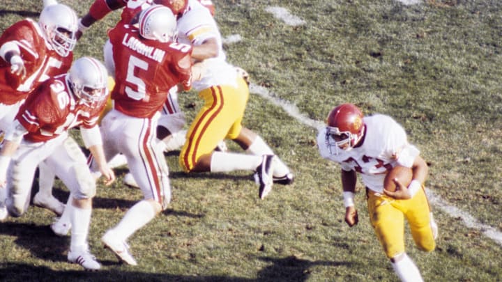 Jan 1, 1980; Pasadena, CA, USA: FILE PHOTO; USC Trojans running back Marcus Allen (33) in action against the Ohio State Buckeyes during the 1980 Rose Bowl game where USC defeated OSU 17-16 at the Rose Bowl Stadium. Mandatory Credit: Long Photography-Imagn Images