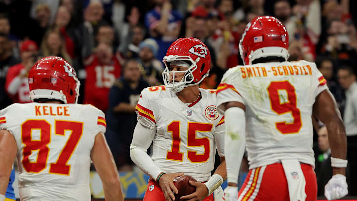 [US, Mexico & Canada customers only] Sep 5, 2025; Sao Paulo, BRAZIL; Kansas City Chiefs quarterback Patrick Mahomes (15) in the second half during a NFL game at Corinthians Arena. Mandatory Credit: Amanda Perobelli/Reuters via Imagn Images