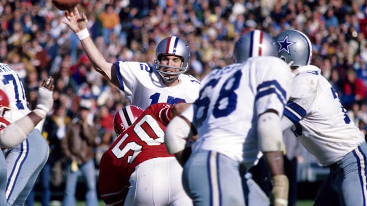 Dallas Cowboys quarterback Roger Staubach passes against the Atlanta Falcons Dallas Cowboys quarterback Roger Staubach passes against the Atlanta Falcons
