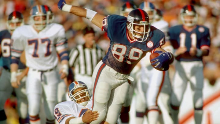 Jan 25,1987; Pasadena, CA, USA; FILE PHOTO; New York Giants tight end #89 Mark Bavaro in action against the Denver Broncos during Super Bowl XXI at the Rose Bowl. The Giants defeated the Broncos winning their first Super bowl 39-20. Mandatory Credit: Jan 25,1987; Pasadena, CA, USA; FILE PHOTO; New York Giants tight end #89 Mark Bavaro in action against the Denver Broncos during Super Bowl XXI at the Rose Bowl. The Giants defeated the Broncos winning their first Super bowl 39-20. Mandatory Credit: