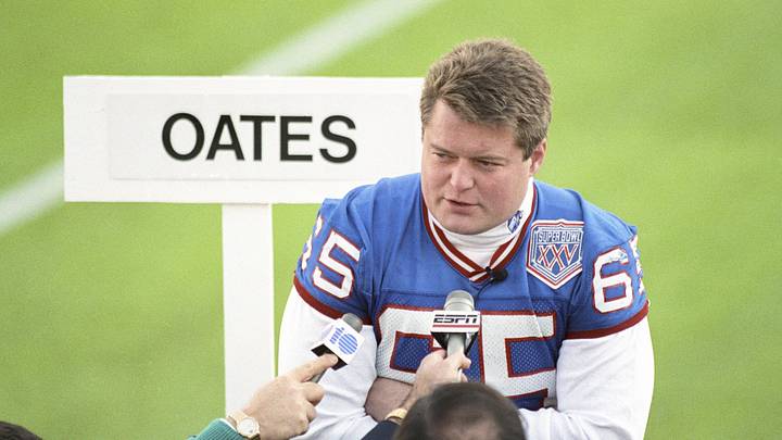 Jan 22, 1991; Tampa, FL, USA; FILE PHOTO; New York Giants center Bart Oates (65) addresses the press during media day for Super Bowl XXV at Tampa Stadium. The New York Giants defeated the Buffalo Bills 19-20.  