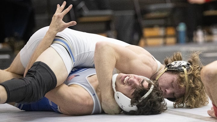 Lower Cape May's Chase Hansen, top, competes in the Region 8 wrestling tournament held at Egg Harbor Township High School on Feb. 24, 2024.