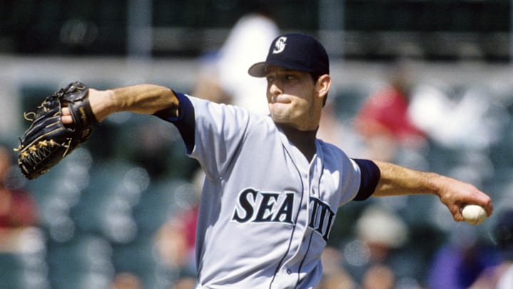 Seattle Mariners pitcher Jamie Moyer in action against the Cleveland Indians during the 1996 season at Jacobs Field.  