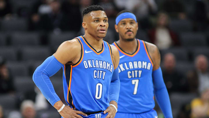 Feb 22, 2018; Sacramento, CA, USA; Oklahoma City Thunder guard Russell Westbrook (0) and forward Carmelo Anthony (7) during the game against the Sacramento Kings at Golden 1 Center. Feb 22, 2018; Sacramento, CA, USA; Oklahoma City Thunder guard Russell Westbrook (0) and forward Carmelo Anthony (7) during the game against the Sacramento Kings at Golden 1 Center.